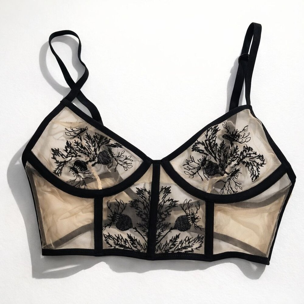 Thistle and Spire Verona Embroidered Longline Bra Women's 32DD Black Nude Mesh